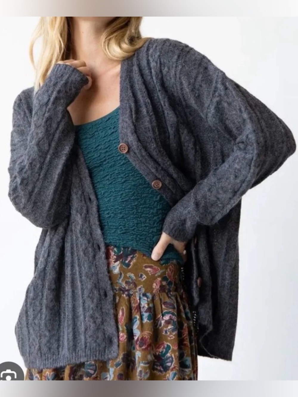 NATURAL LIFE Charcoal Gray Cable Knit Grandpa Button-Up Cardigan